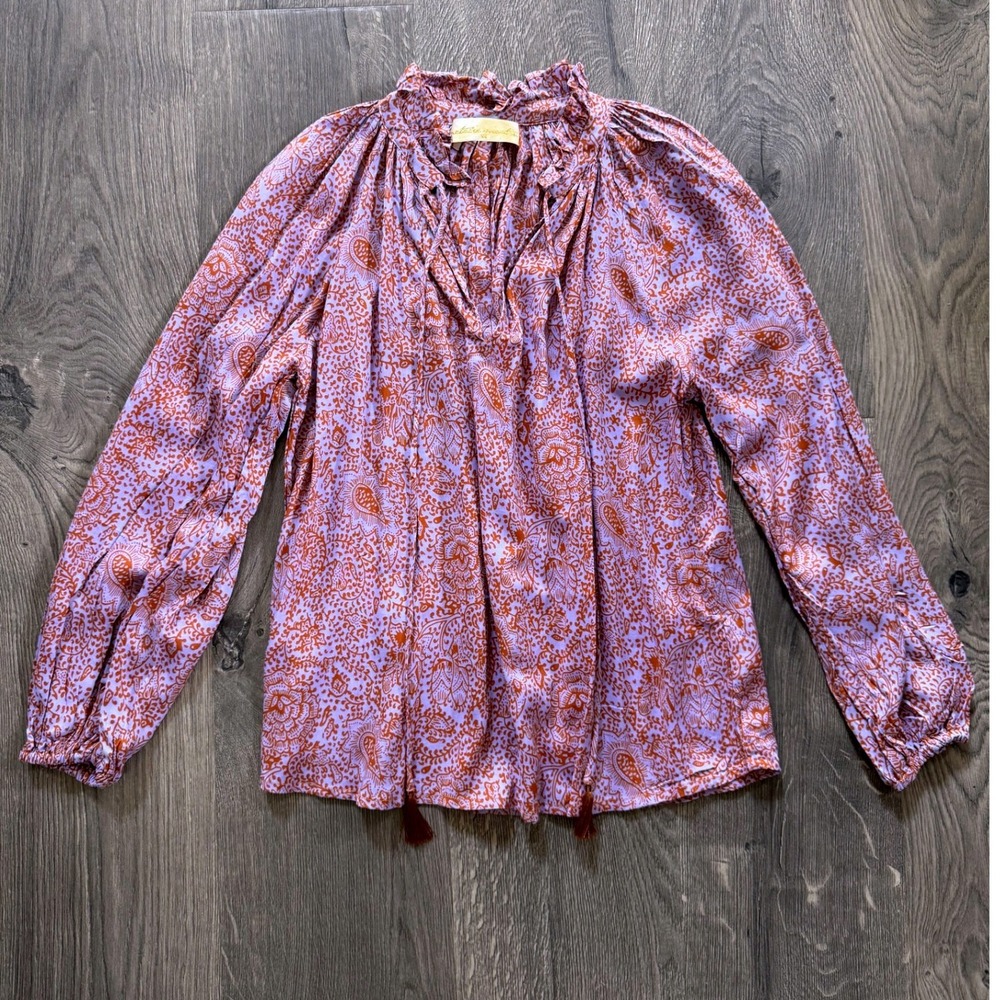 Natalie Martin Penny Blouse XS Purple Orange Rayon Paisley Tassel Mother NWOT